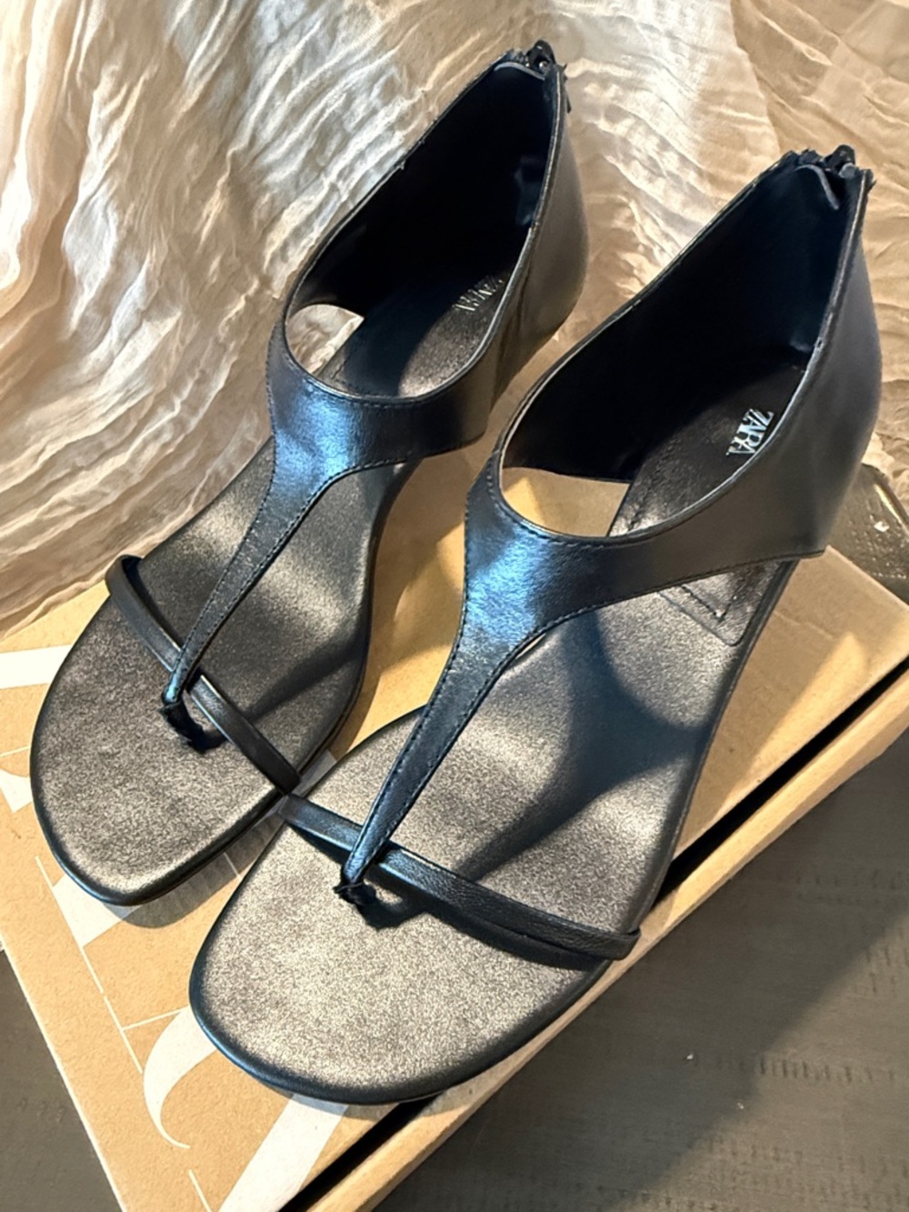 Zara Black T-Strap Sandals with Back Zip